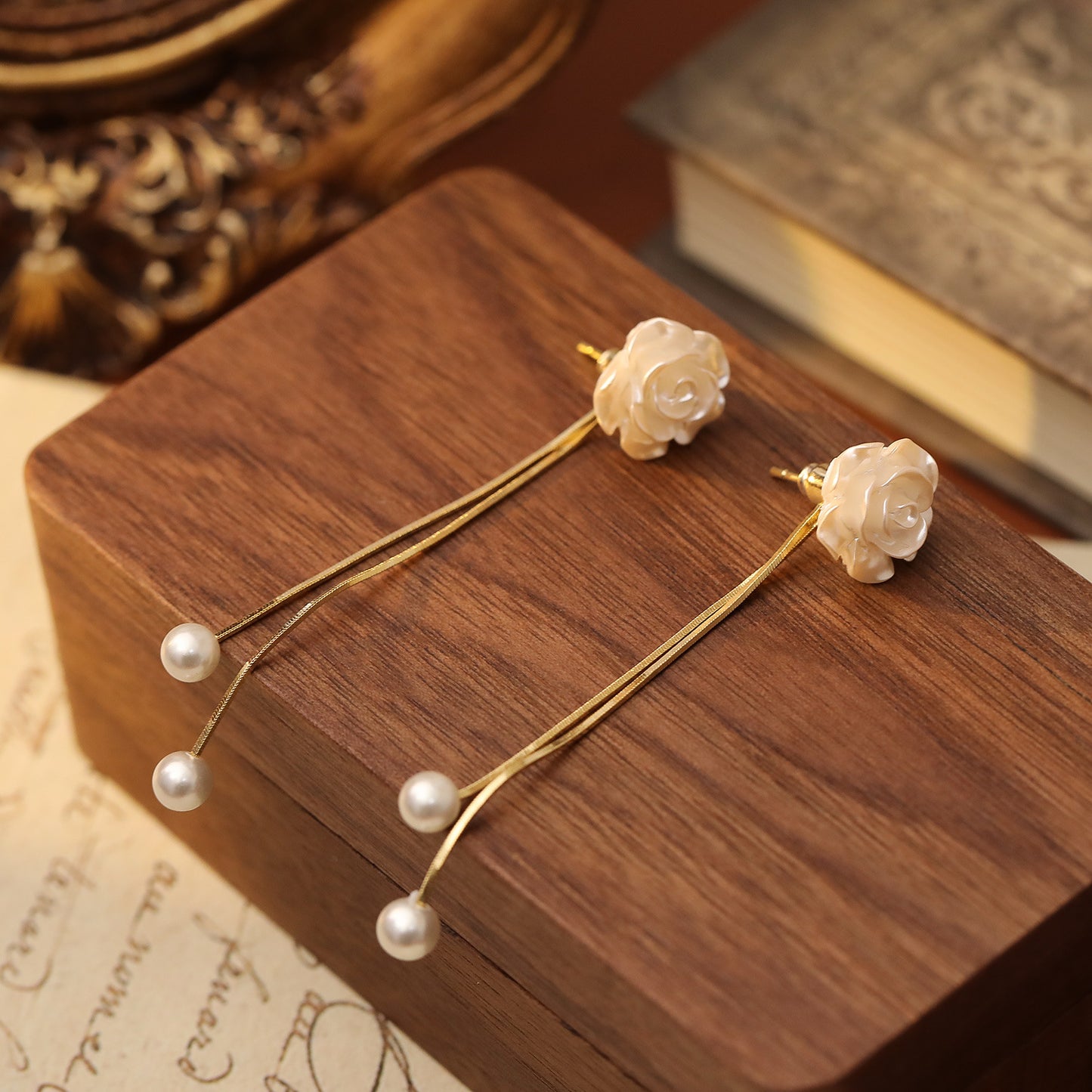 Camellia Pearl Tassel Earrings