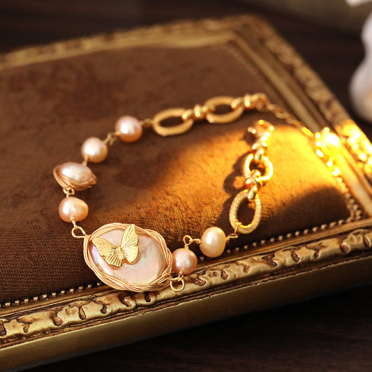 Natural Pink Pearl Earrings and Bracelet Set