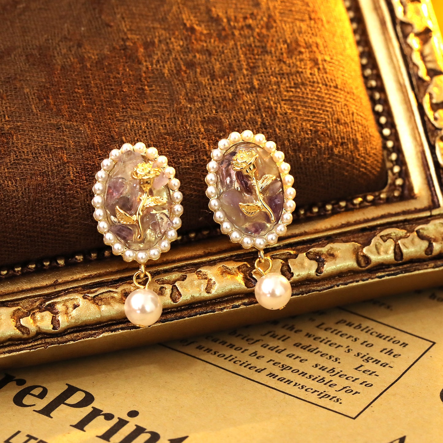 Lavender Crystal Rose Earrings