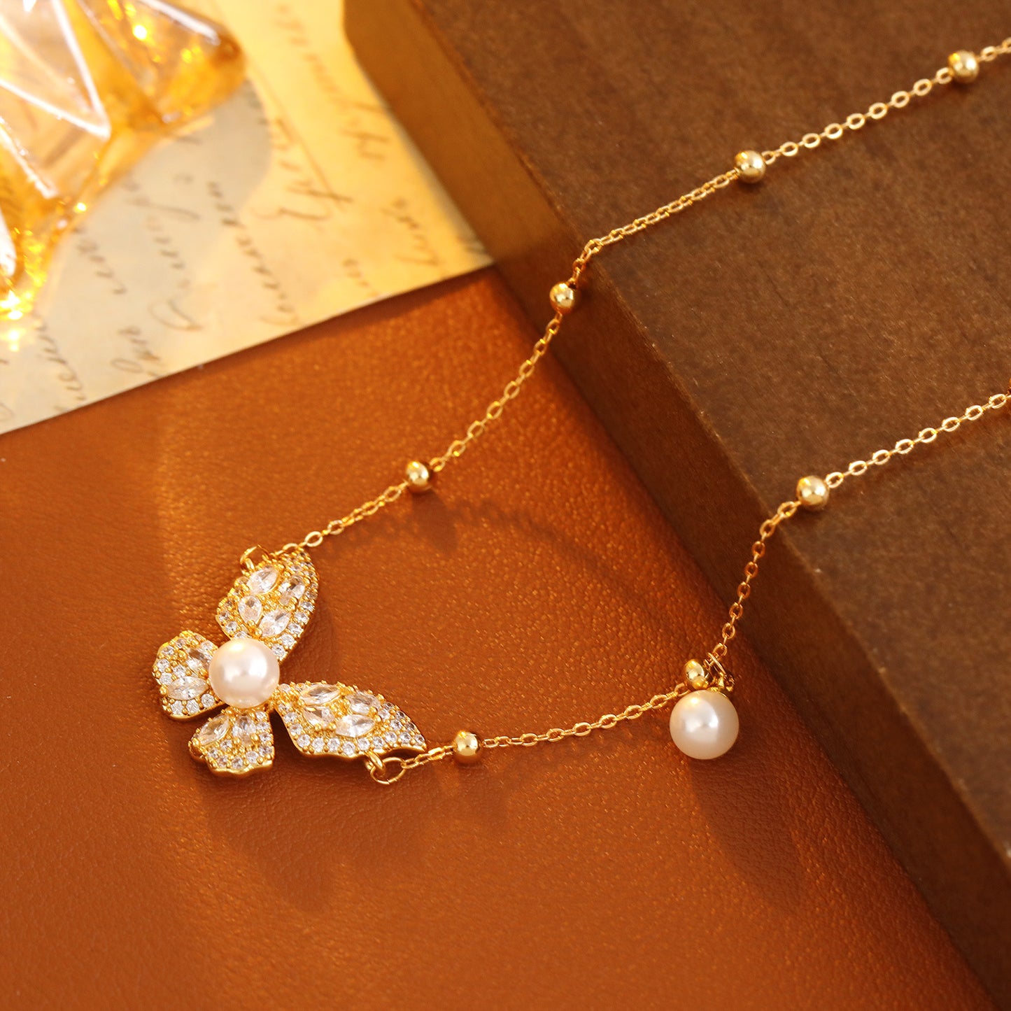 Sparkling Butterfly Pearl Necklace