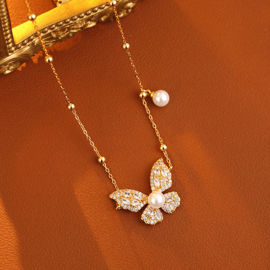 Sparkling Butterfly Pearl Necklace