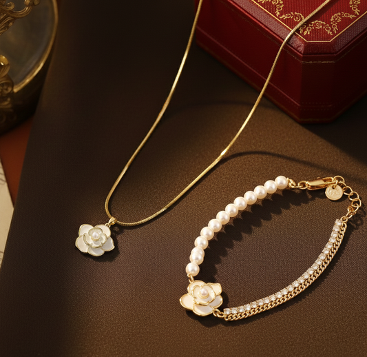Camellia Floral Charm Bracelet and Necklace Set