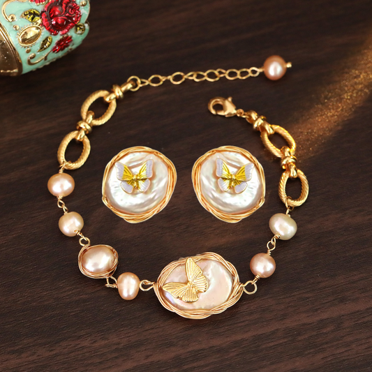 Natural Pink Pearl Earrings and Bracelet Set