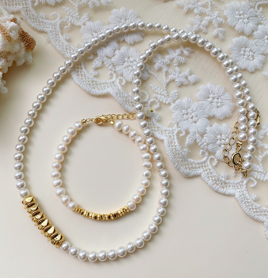 Pearl Gold Charms Necklace and Bracelet Set